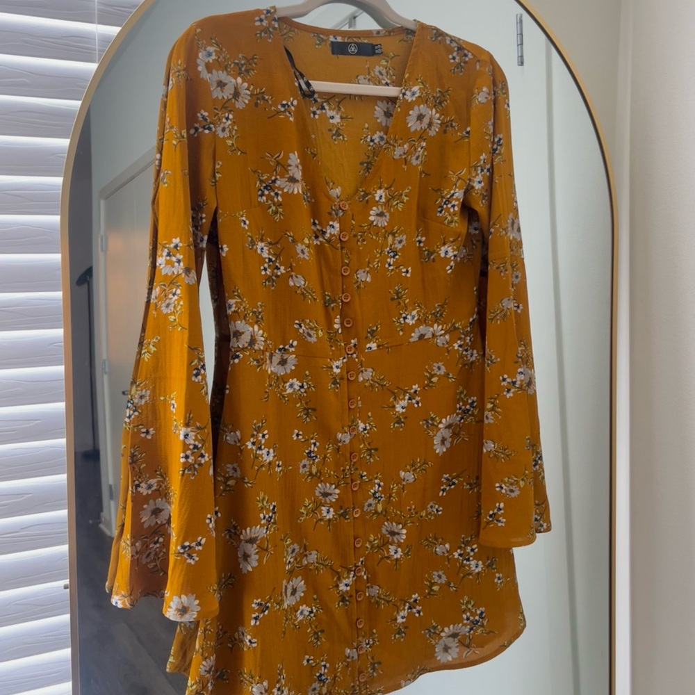 Mustard yellow floral dress bell sleeves